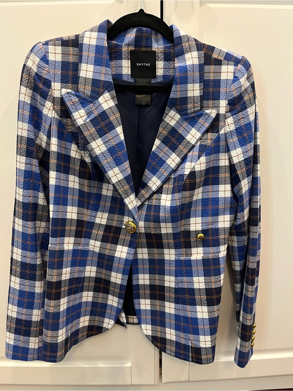 Smythe Blue, White & Navy Plaid Double-Breasted Blazer